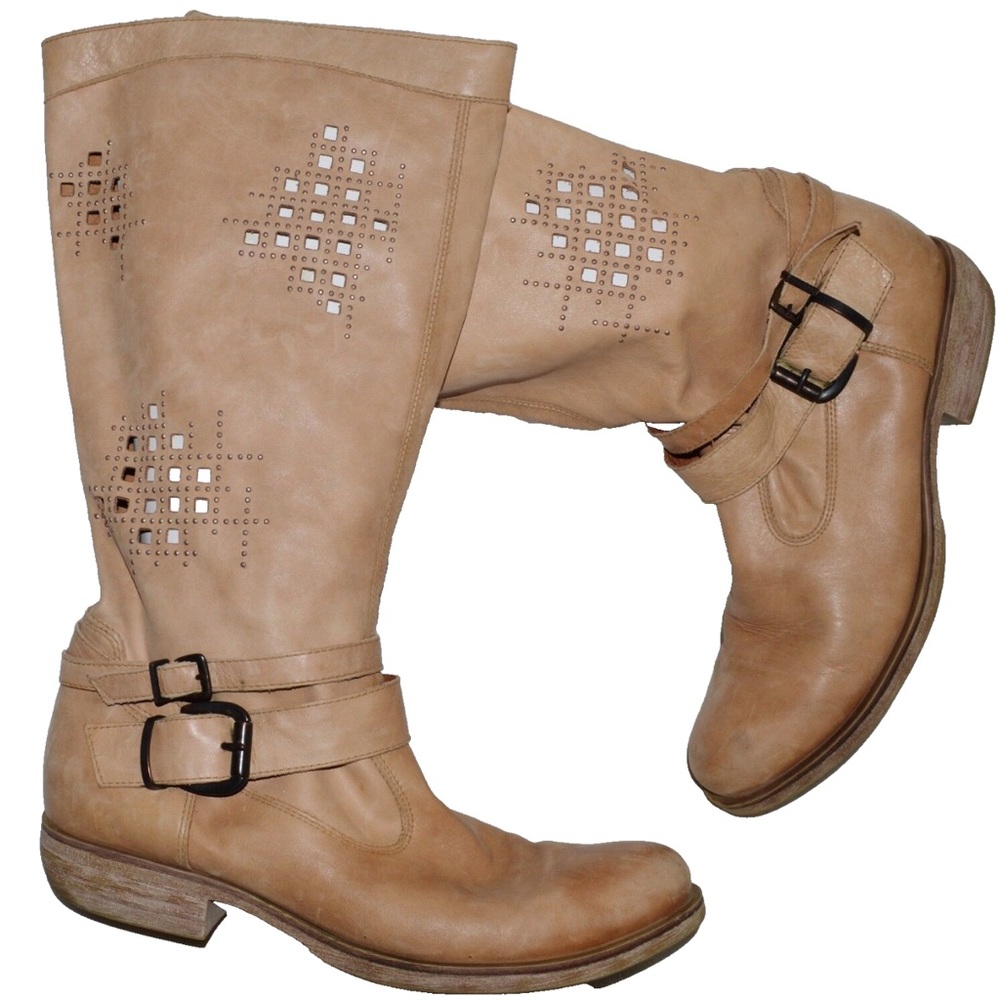 NERO GIARDINI SIZE 8 M 38 TAN BEIGE CUT-OUTS STUDS LEATHER FLAT MID CALF BOOTS